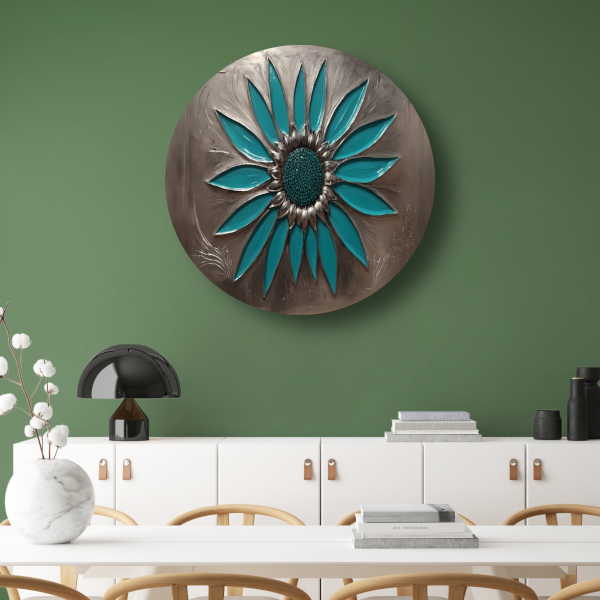 Turquoise Zonnebloem in Metalen Stijl Decor aluminium muurcirkel