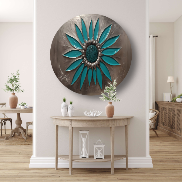 Turquoise Zonnebloem in Metalen Stijl Decor aluminium muurcirkel