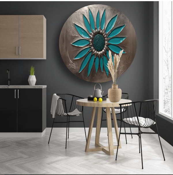 Turquoise Zonnebloem in Metalen Stijl Decor aluminium muurcirkel