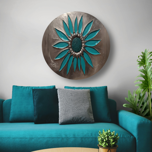 Turquoise Zonnebloem in Metalen Stijl Decor aluminium muurcirkel