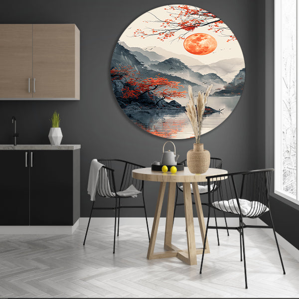 Rode Maan boven Berglandschap met Meer aluminium muurcirkel