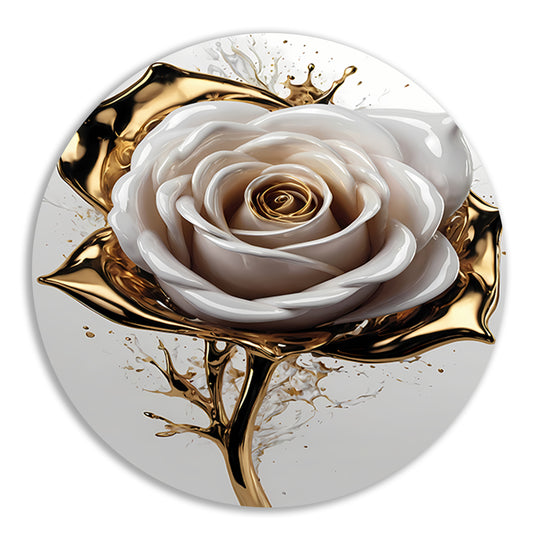 Gouden Spetters en Witte Roos Kunstwerk aluminium muurcirkel