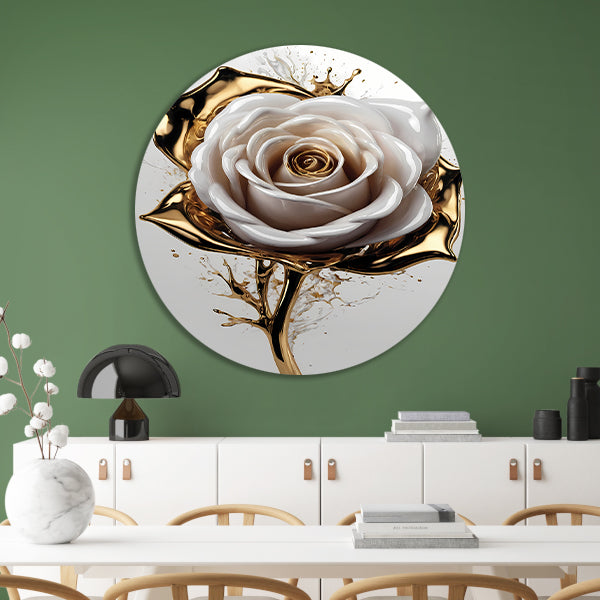 Gouden Spetters en Witte Roos Kunstwerk aluminium muurcirkel