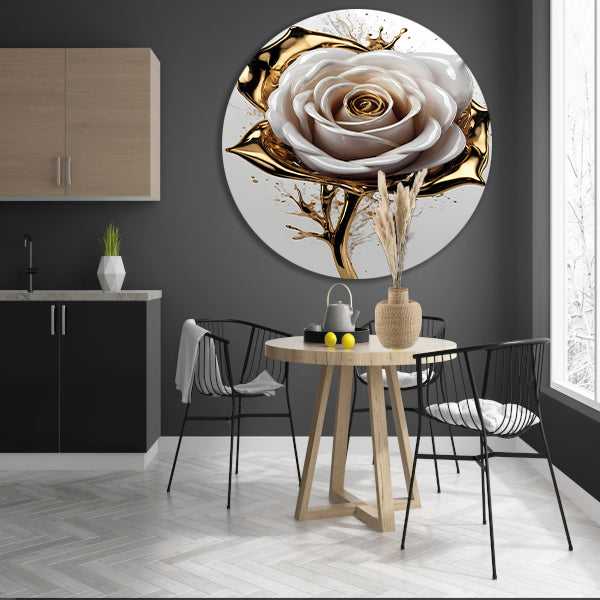 Gouden Spetters en Witte Roos Kunstwerk aluminium muurcirkel