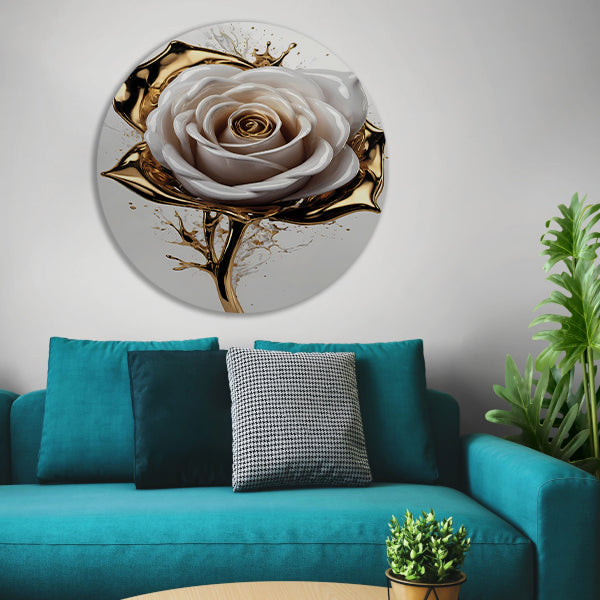 Gouden Spetters en Witte Roos Kunstwerk aluminium muurcirkel