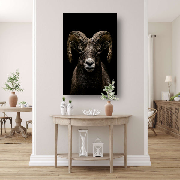 Krachtige close-up van een ram in zwart en wit canvas