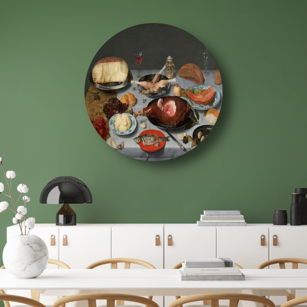 Stilleven met oesters, geroosterde kip, snoep en gedroogd fruit - Jacob van Hulsdonck forex muurcirkel