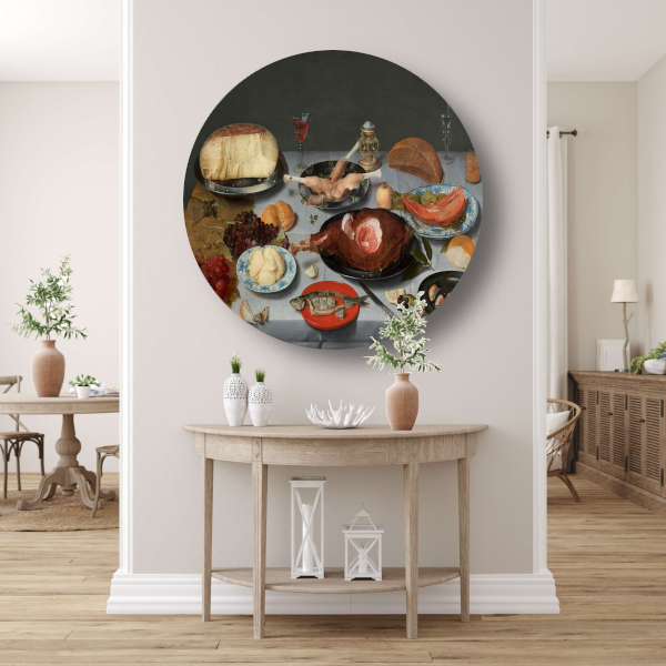 Stilleven met oesters, geroosterde kip, snoep en gedroogd fruit - Jacob van Hulsdonck forex muurcirkel