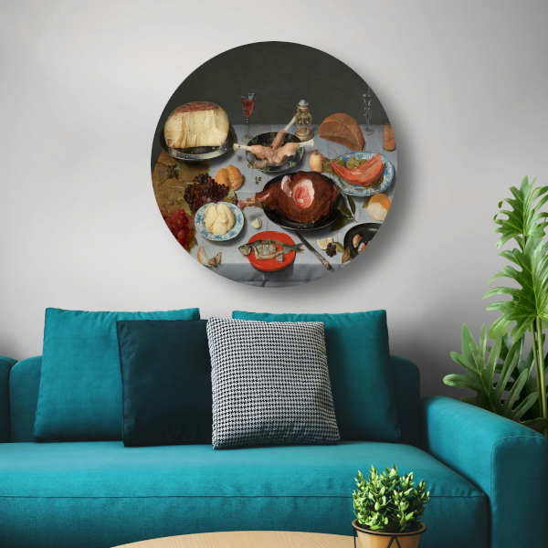 Stilleven met oesters, geroosterde kip, snoep en gedroogd fruit - Jacob van Hulsdonck forex muurcirkel