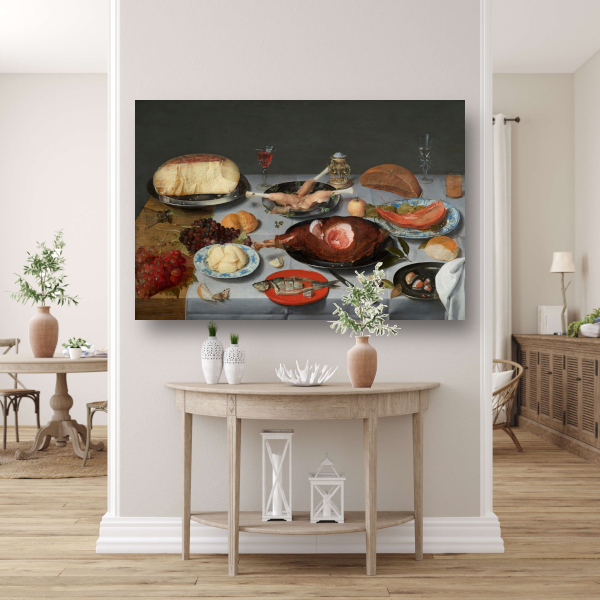 Stilleven met oesters, geroosterde kip, snoep en gedroogd fruit - Jacob van Hulsdonck canvas met baklijst