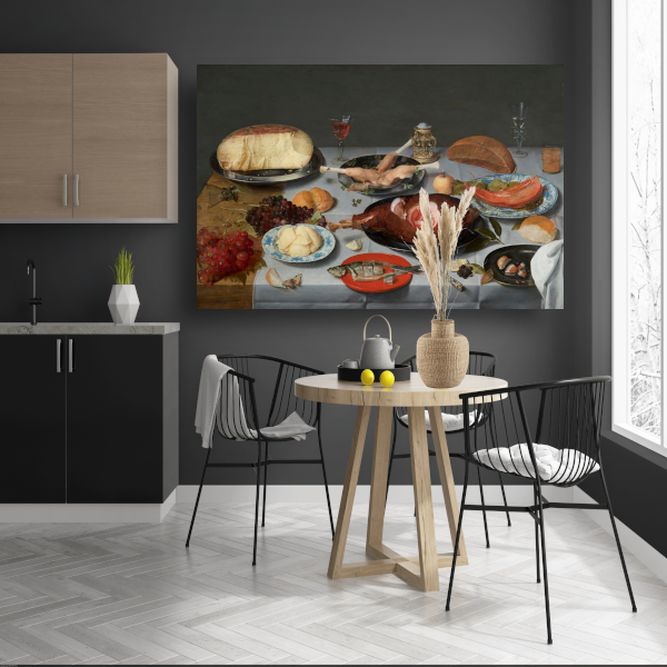 Stilleven met oesters, geroosterde kip, snoep en gedroogd fruit - Jacob van Hulsdonck canvas met baklijst