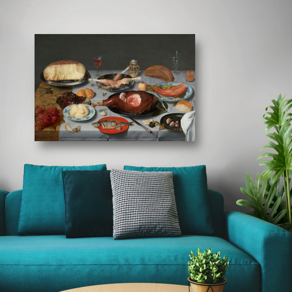 Stilleven met oesters, geroosterde kip, snoep en gedroogd fruit - Jacob van Hulsdonck canvas met baklijst