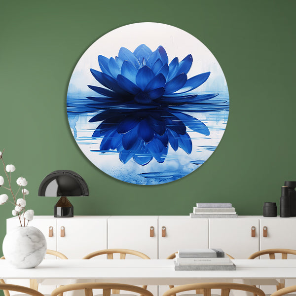 Abstracte blauwe lotusbloem met waterreflectie forex muurcirkel