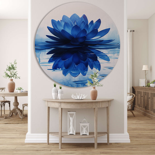 Abstracte blauwe lotusbloem met waterreflectie forex muurcirkel