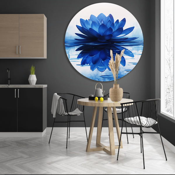 Abstracte blauwe lotusbloem met waterreflectie forex muurcirkel