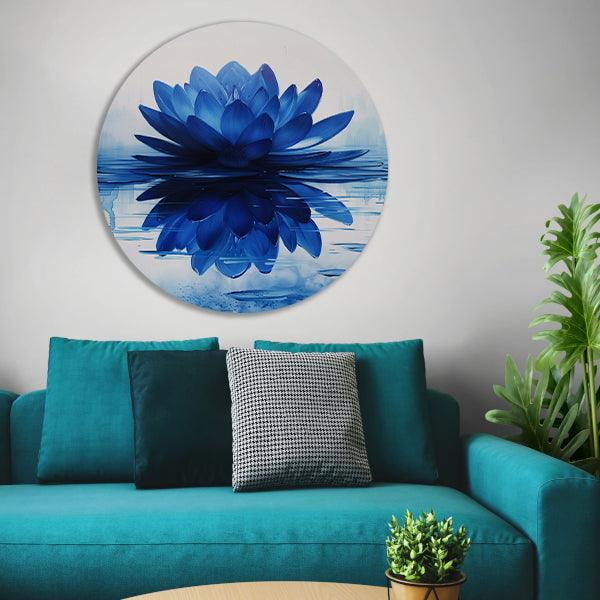 Abstracte blauwe lotusbloem met waterreflectie forex muurcirkel