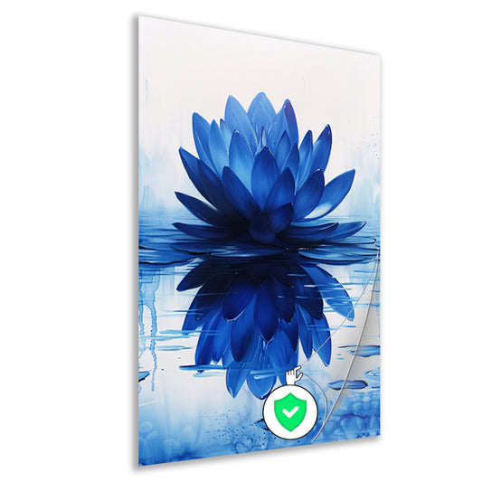 Abstracte blauwe lotusbloem met waterreflectie poster