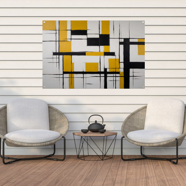 Abstracte Geometrische Balans in Geel en Zwart tuinposter