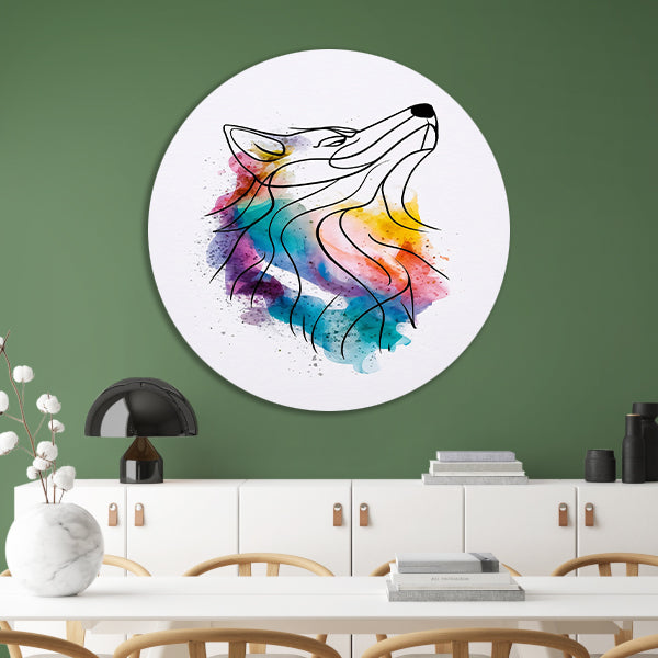 Kleurrijke abstracte wolf in aquarel aluminium muurcirkel