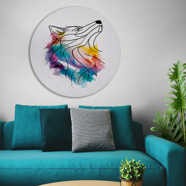 Kleurrijke abstracte wolf in aquarel aluminium muurcirkel
