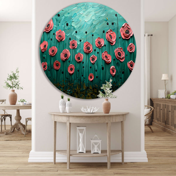 Abstracte kleurrijke bloemen in groen veld aluminium muurcirkel