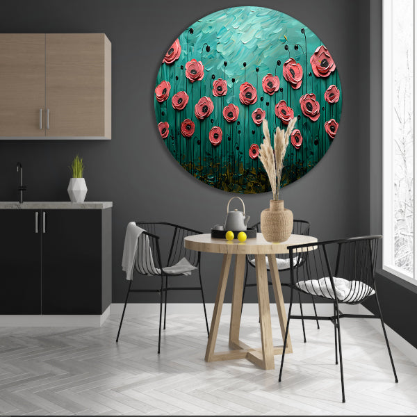 Abstracte kleurrijke bloemen in groen veld aluminium muurcirkel