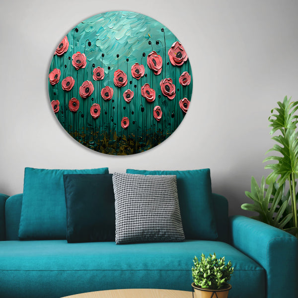 Abstracte kleurrijke bloemen in groen veld aluminium muurcirkel