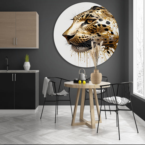 Vergulde Luipaard in Dynamische Kunst aluminium muurcirkel