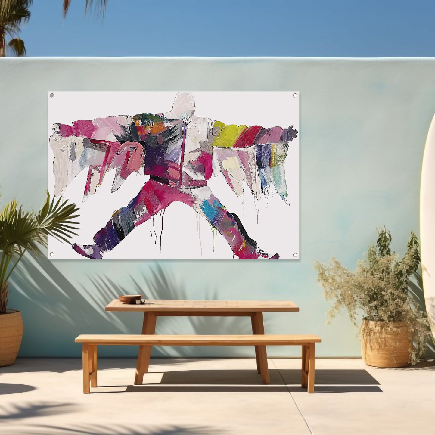 Kleurrijke abstracte figuur met dynamische vormen tuinposter