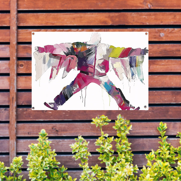 Kleurrijke abstracte figuur met dynamische vormen tuinposter