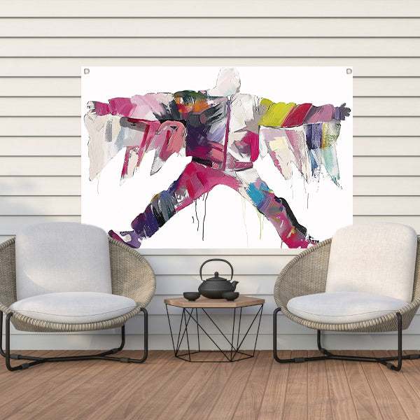Kleurrijke abstracte figuur met dynamische vormen tuinposter