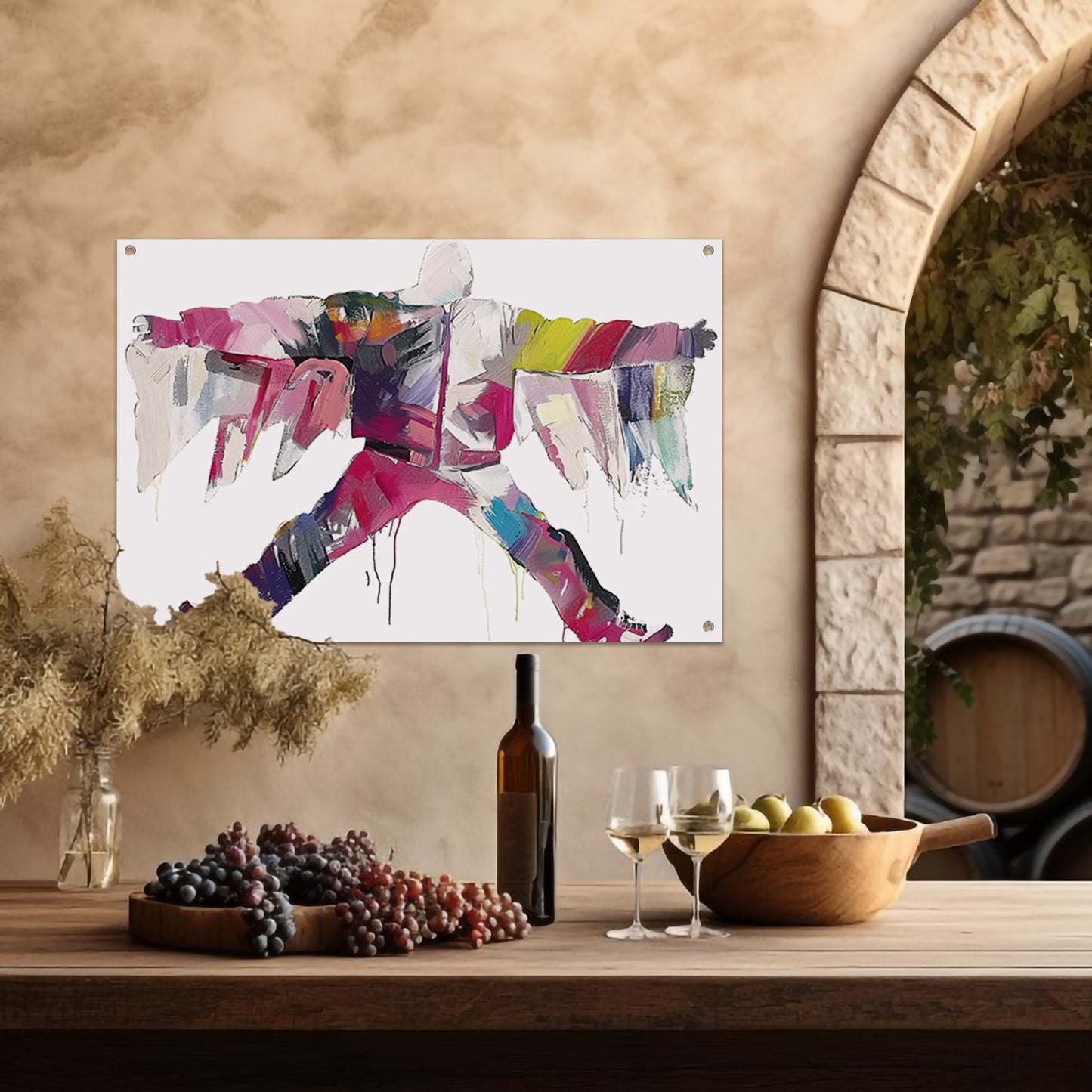 Kleurrijke abstracte figuur met dynamische vormen tuinposter