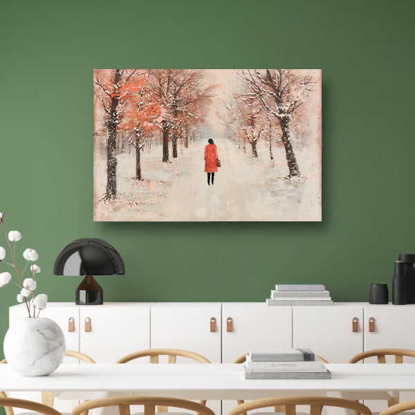 Vrouw wandelt in herfstlandschap met bomen poster