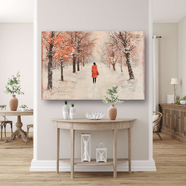 Vrouw wandelt in herfstlandschap met bomen poster