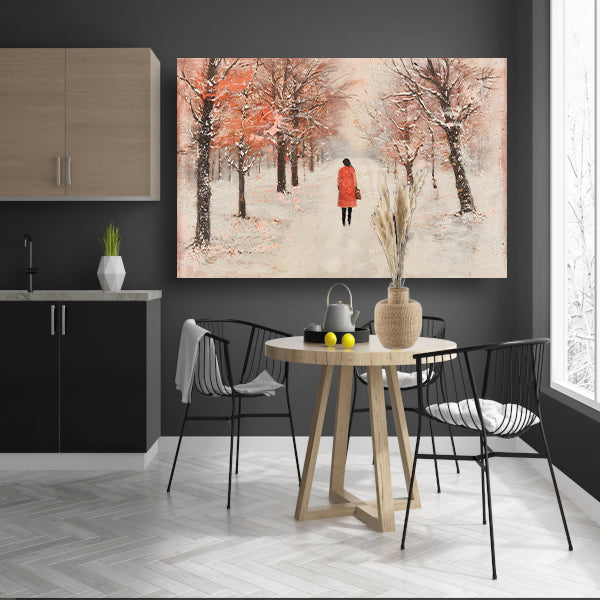 Vrouw wandelt in herfstlandschap met bomen poster