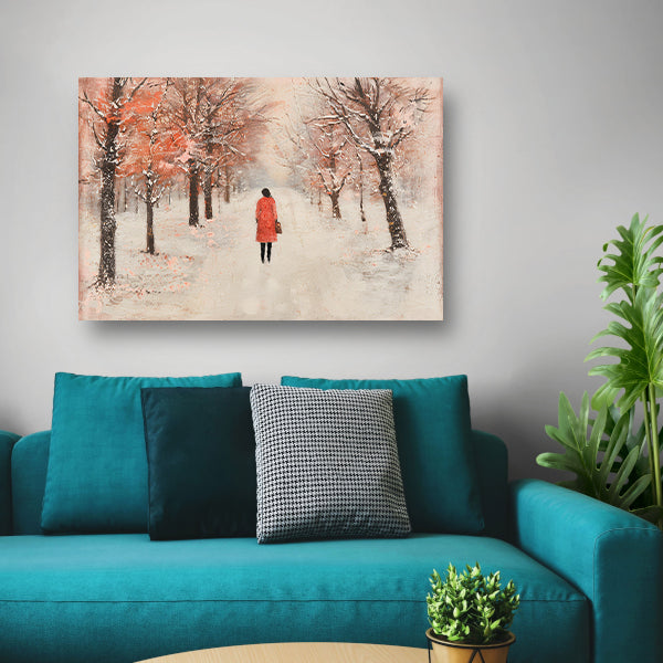 Vrouw wandelt in herfstlandschap met bomen poster
