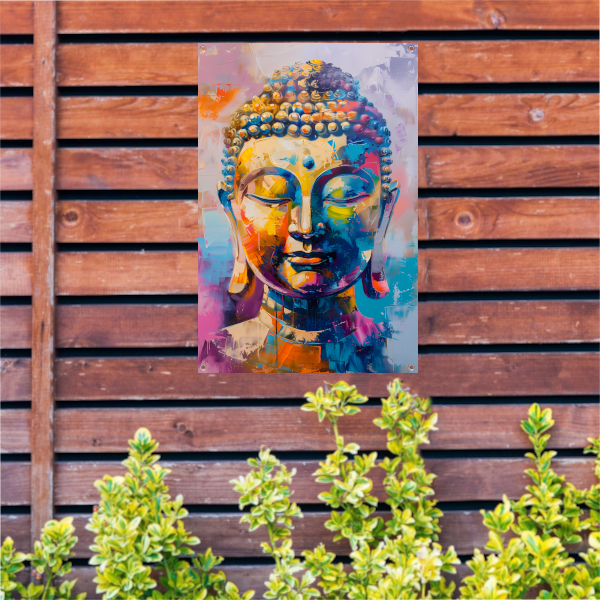 Abstracte Kleurrijke Interpretatie van een Boeddha Hoofd tuinposter