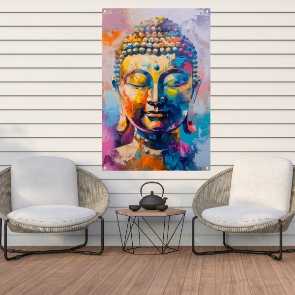 Abstracte Kleurrijke Interpretatie van een Boeddha Hoofd tuinposter