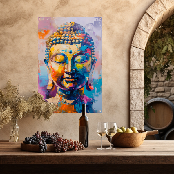 Abstracte Kleurrijke Interpretatie van een Boeddha Hoofd tuinposter