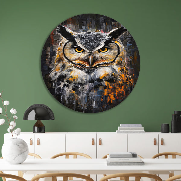 Uil met Oranje Ogen op Abstracte Achtergrond aluminium muurcirkel