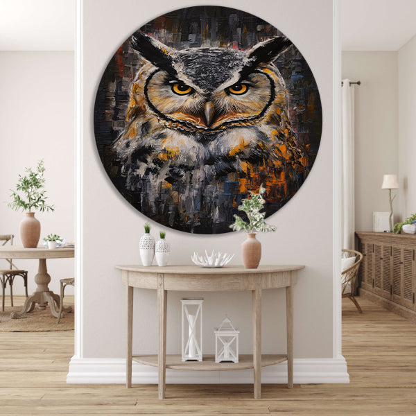 Uil met Oranje Ogen op Abstracte Achtergrond aluminium muurcirkel