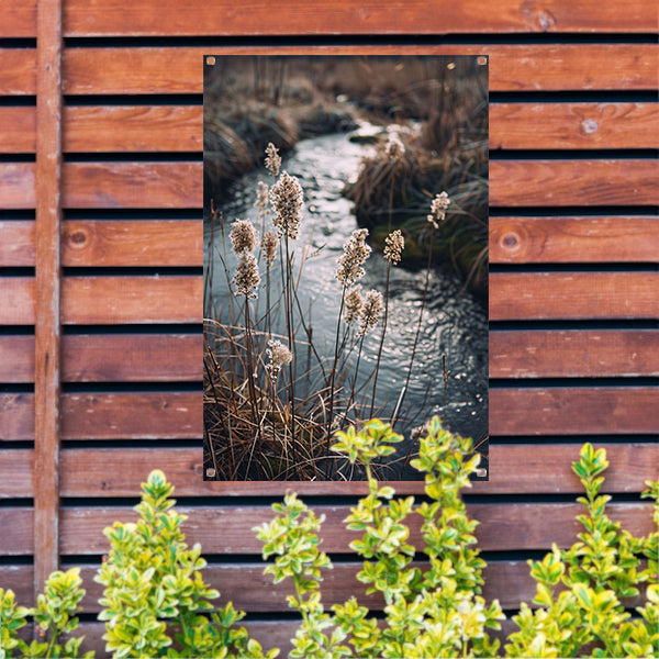Rietpluimen langs kabbelend water tuinposter