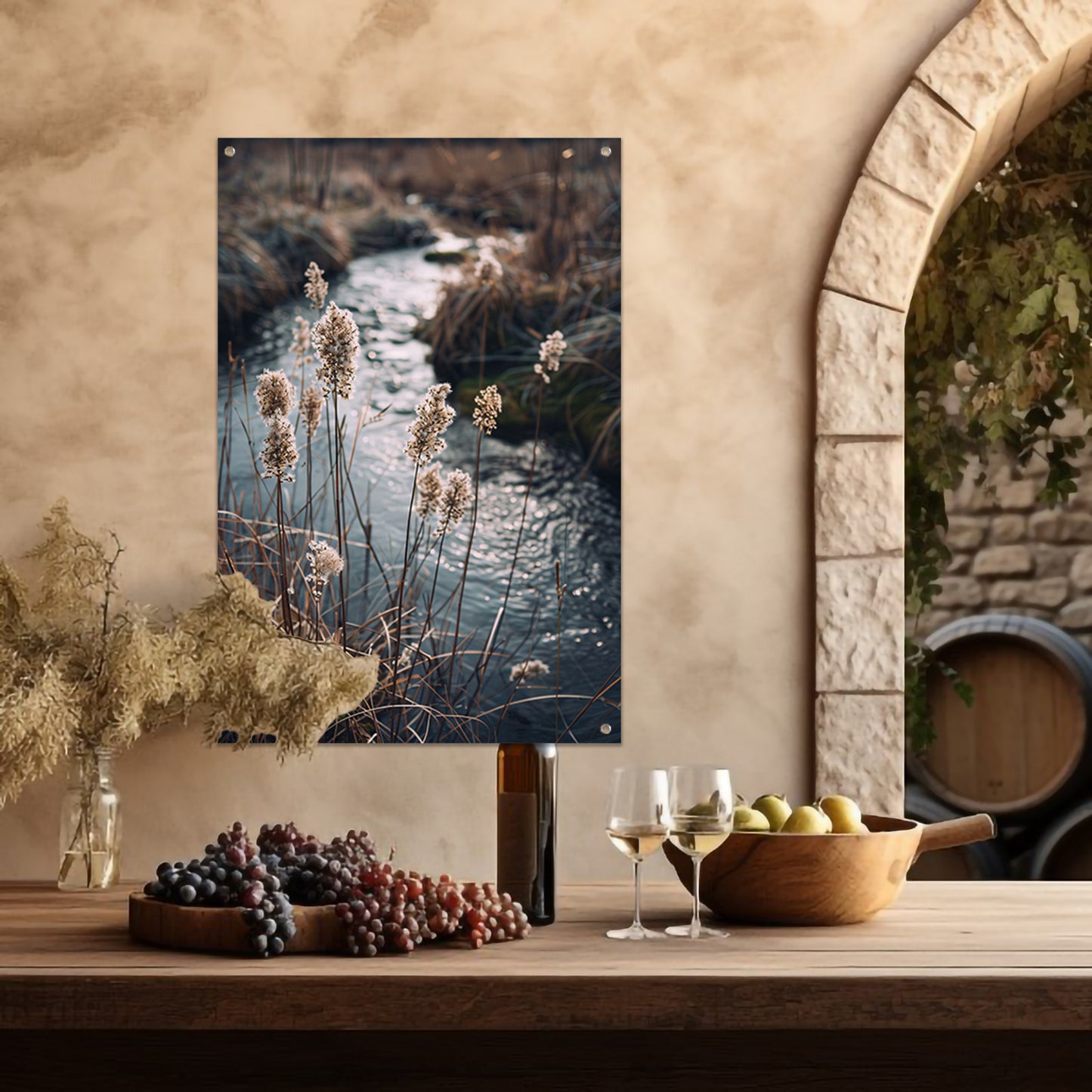 Rietpluimen langs kabbelend water tuinposter
