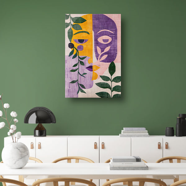 Abstracte gezichten met bladeren in kleur canvas