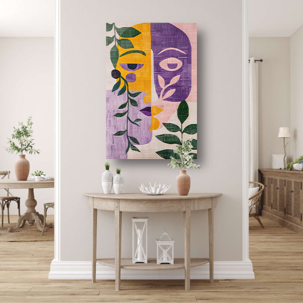 Abstracte gezichten met bladeren in kleur canvas