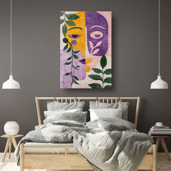 Abstracte gezichten met bladeren in kleur canvas