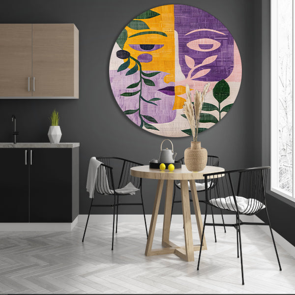 Abstracte gezichten met bladeren in kleur aluminium muurcirkel