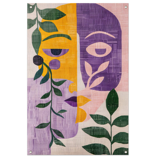 Abstracte gezichten met bladeren in kleur tuinposter