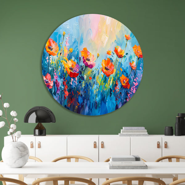 Abstract kleurrijk bloemenveld schilderij forex muurcirkel