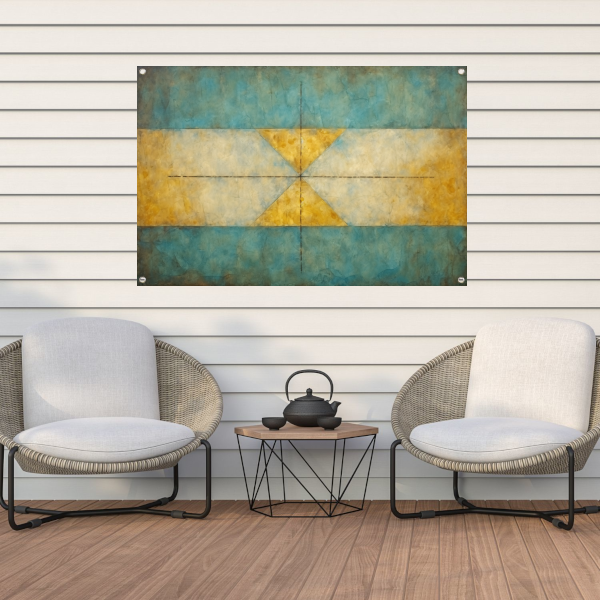 Geometrische compositie in geel, blauw en wit tuinposter